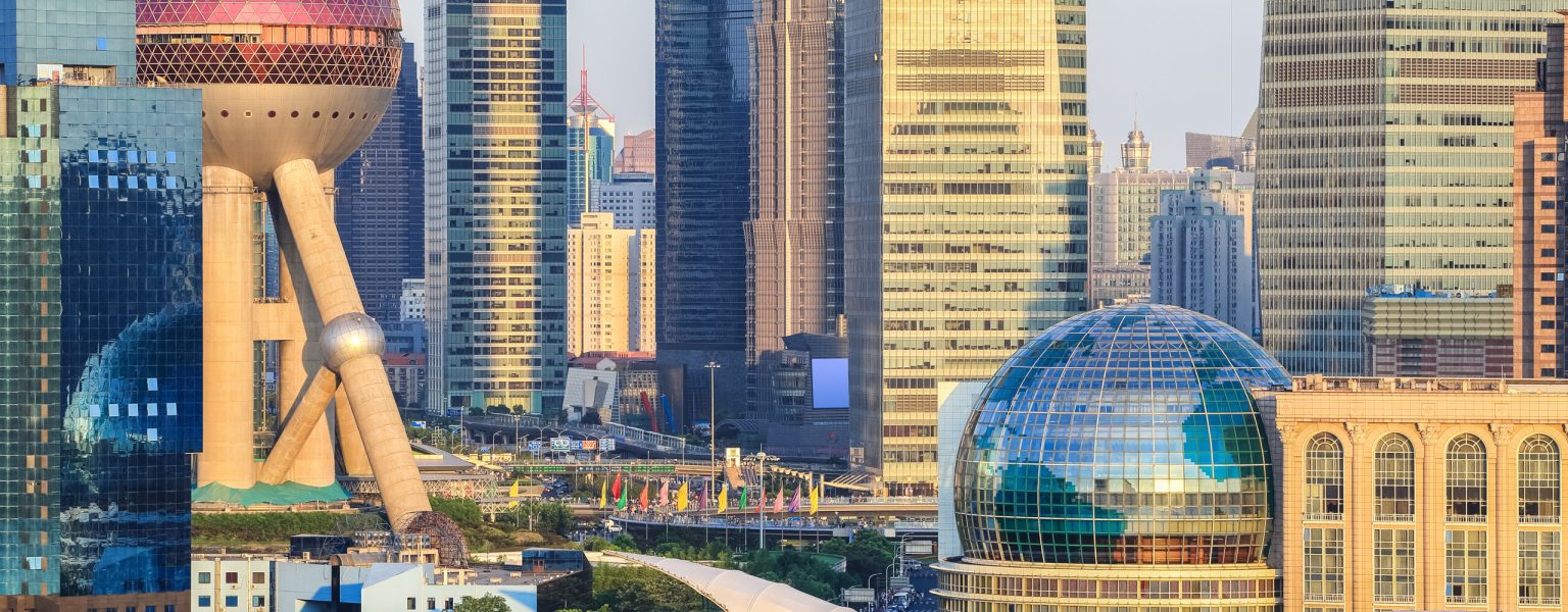 closeup of the shanghai lujiazui financial center at dusk  ,China